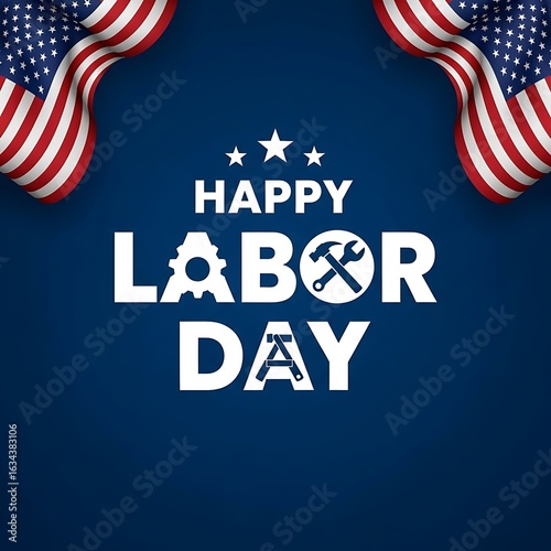 Happy labor day greeting with american flag elements and symbols of industry like gears and tools on a blue background