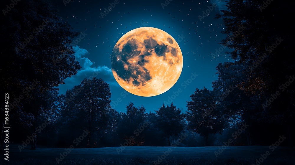 Fototapeta premium Large orange moon over a dark forest at night.