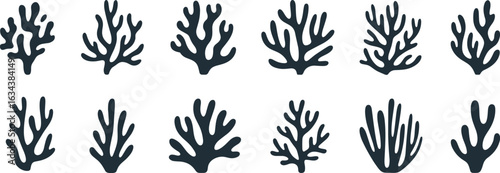 Coral silhouette vector set, black sea coral design, marine reef illustration, ocean plant icons, underwater coral shapes, tropical seaweed, isolated coral art