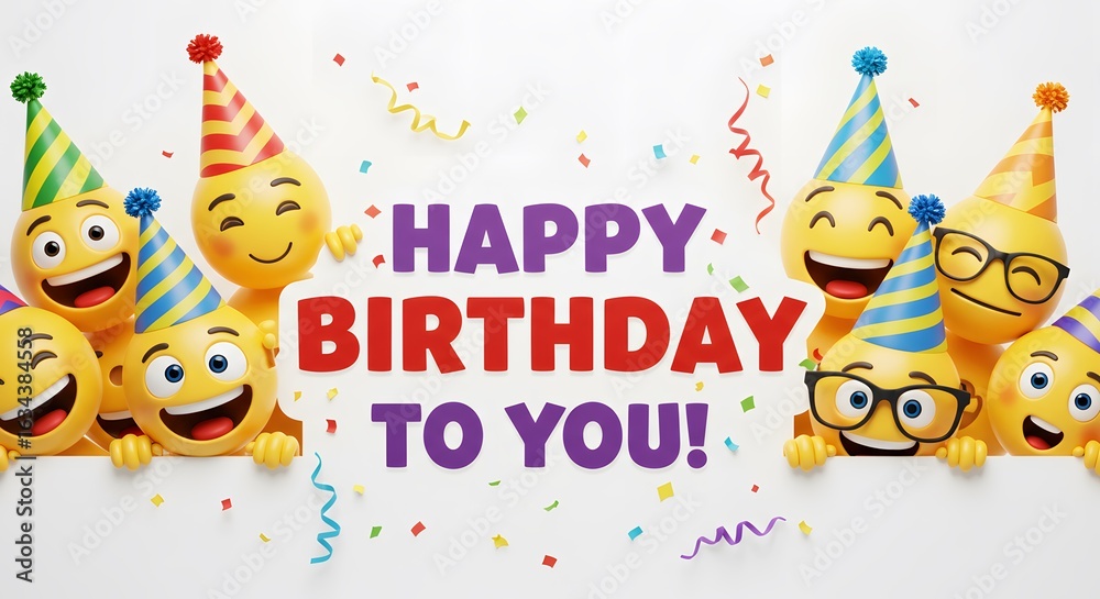 Obraz premium Happy birthday to you with cute smiling emojis wearing party hats and confetti, isolated on white background