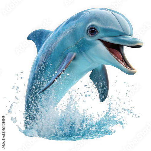 A happy dolphin jumps out of the water isolated on transparent background