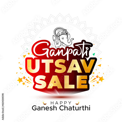 Happy Ganesh Chaturthi. Lord Ganesha with Ganpati utsav sale 3d logo design. Festive offer, deal promo.