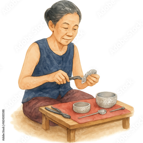 Thai Silversmith Woman Crafting Silverware – Watercolor PNG