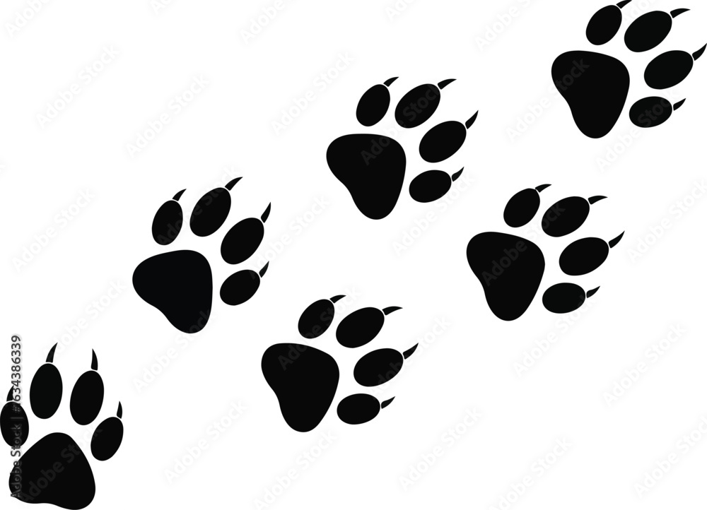 Fototapeta premium Black animal paw prints, footprints, animal tracks, paw marks, silhouette icons