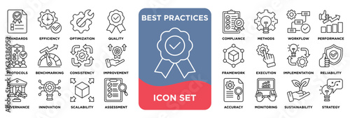 best practices icon collection set. Containing standards,efficiency,methods,optimization,quality,compliance,workflow,performance,protocols,procedures icon. Simple line vector.