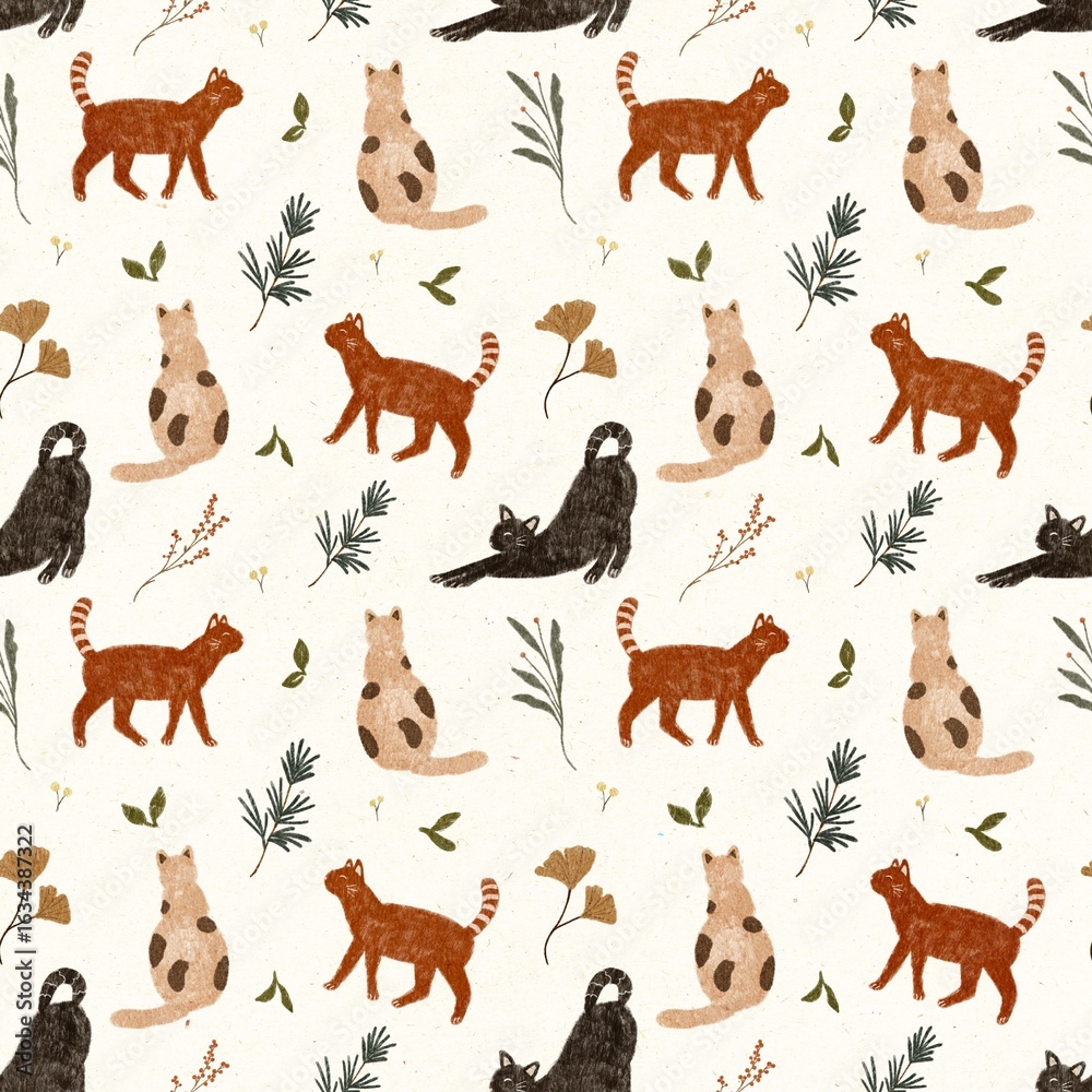 Fototapeta premium Cute Cats, Ginkgo Leaves and Autumn Leaves in Textured Pencil Seamless Pattern Illustration