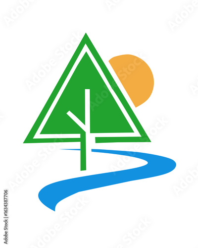 Green triangular tree with a winding blue river and orange sun, symbolizing nature, sustainability, and tranquility. Perfect for eco-friendly or outdoor brands.