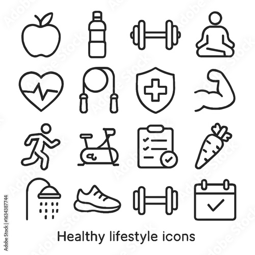 Fitness and wellness icons for healthy lifestyle vector set of exercise and nutrition symbols collection