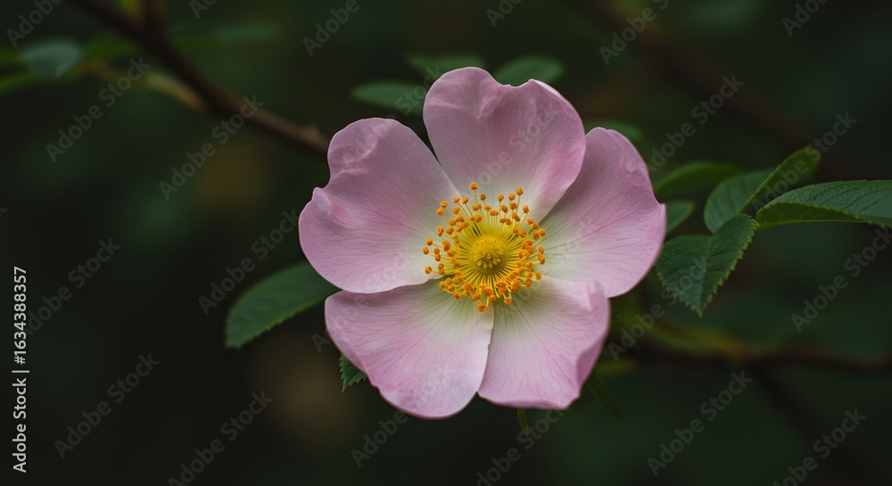 A delicate pink wildflower with yellow center and green leaves on a dark background A delicate pink wildflower with yellow center and green leaves on a dark background