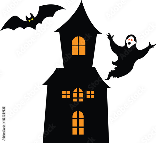 Happy Halloween: Spooky Haunted House with Bat and Ghost