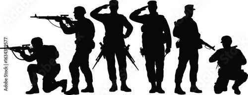 Soldier silhouettes vector illustration. Military personnel saluting and aiming rifles. Perfect for army design, tactical graphics, and patriotic themes
