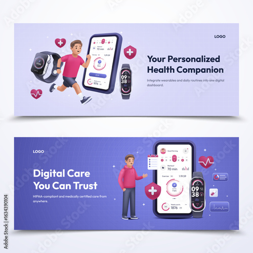 Digital Health & Wellness Realistic Horizontal Banner Set