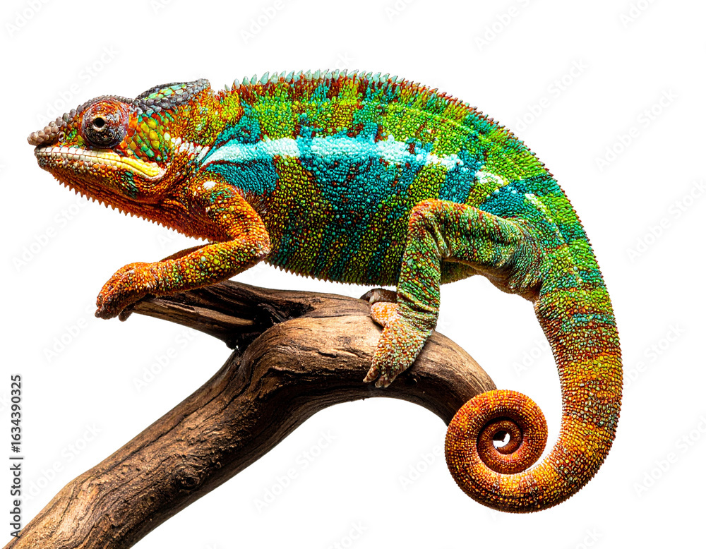 Obraz premium Colorful Chameleon Climbing a Curved Branch, Side Profile, Isolated on Transparent Background