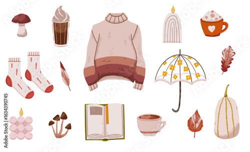 Autumn cozy set with woman sweater, mushroom, dry brown leaves, pumpkin and candle. Illustration with fall vibe in chocolate palette