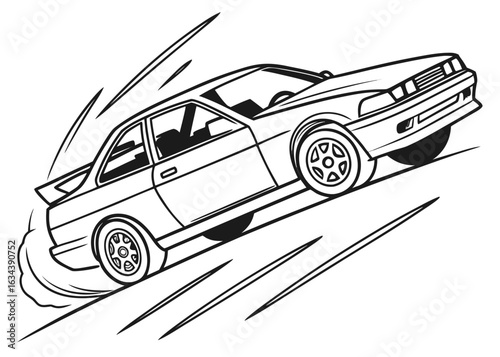 Drift car in action pose, tilted wheels, motion lines (simple), minimal details, black outline on white, children's coloring sheet