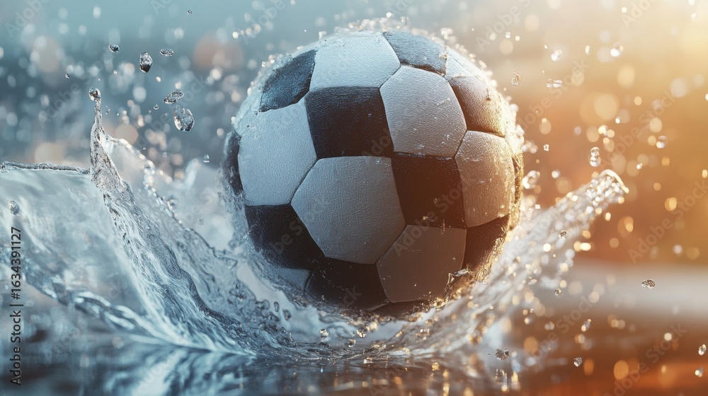 Fototapeta premium Dynamic soccer ball crashing through water surface with dramatic splash effect
