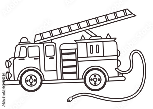 Fire truck line art, ladder and hose simplified, thick contour lines, coloring book page, isolated on white, easy to color