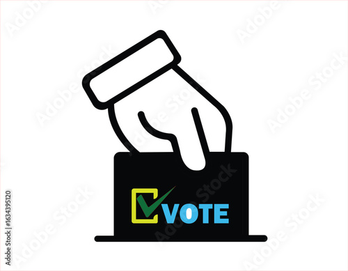 A clean and modern icon illustrating a hand inserting a ballot into a voting box, accompanied by a green checkmark and the word "VOTE" in cyan, symbolizing successful voting and democratic participati