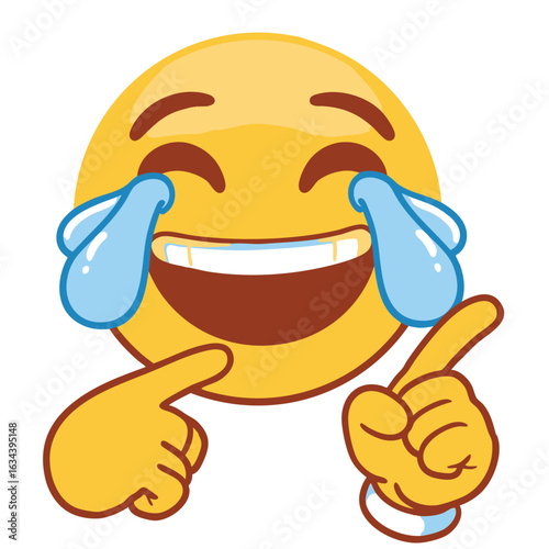 A vector illustration of a cartoon character laughing hysterically, shedding tears of joy and pointing with its hands.