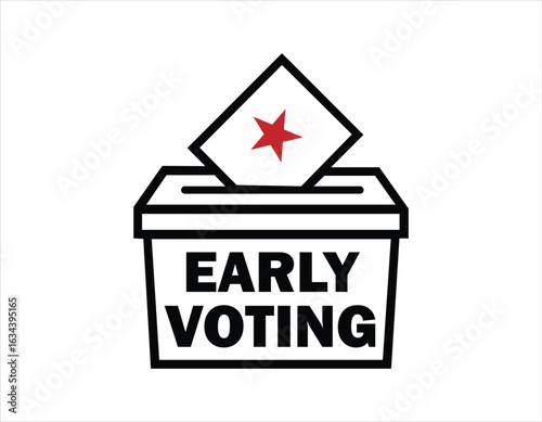  A simple and impactful logo or icon depicting a ballot being dropped into a box labeled "EARLY VOTING," featuring a red star, symbolizing the democratic process of advance voting.