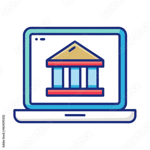 Vector art of online banking icon with bank building on laptop screen, modern financial technology concept