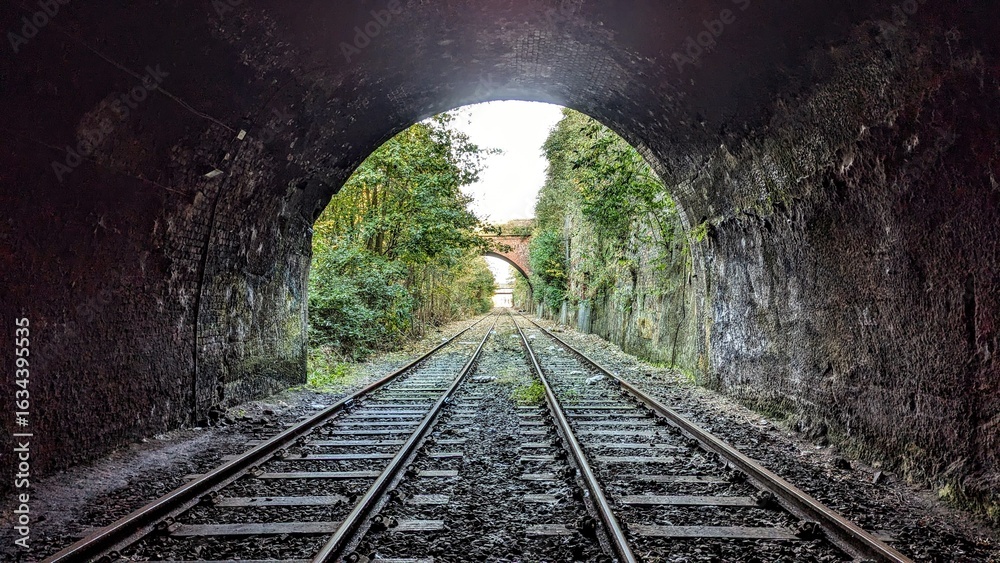 Naklejka premium Derelict deserted railway, light at the end of the tunnel. Crown Street arch entrance, Liverpool. Abandoned parallel straight train tracks inside dark bridge archway. Rail journey, horizon perspective