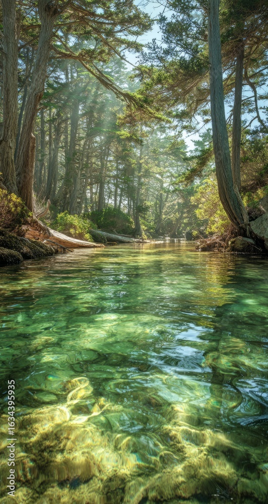 Obraz premium Serene Forest Stream with Clear Water Surrounded by Tall Pine Trees and Sunlight Filtering Through Green Foliage