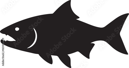 Black silhouette of a predatory fish with open mouth and sharp teeth white background animal