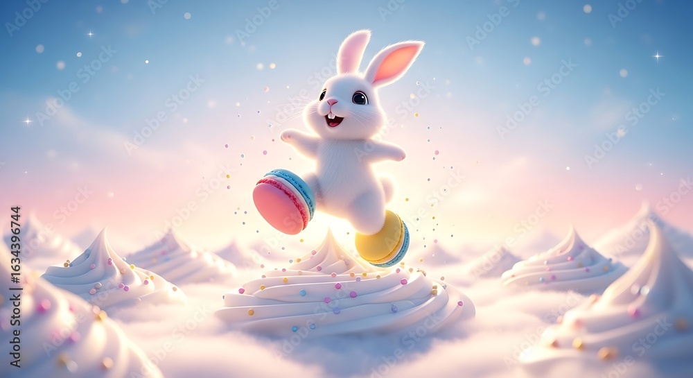 Obraz premium Joyful Easter Bunny Hopping on Creamy Dessert Landscape with Macarons and Sprinkles