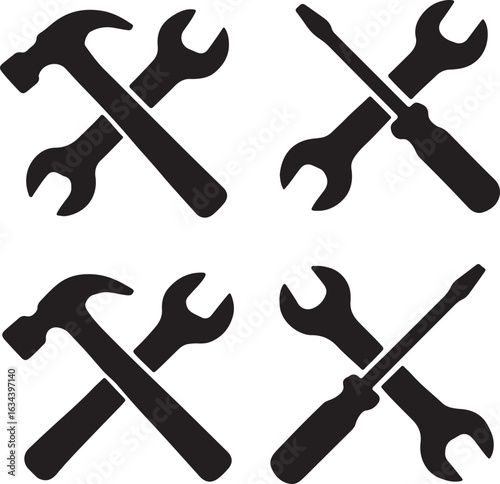 Four black silhouette icons of crossed hammer and wrench and crossed screwdriver and wrench on white background