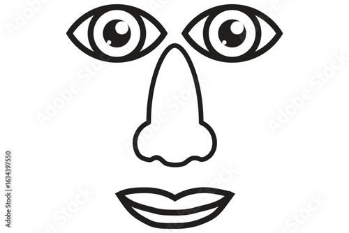 icon set , nose, eyes, lips, Funny cartoon face with big white eyes and small black irises, a cute vector art illustration