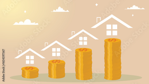 Rising stacked coins with house icon. Accumulation of funds, the concept of saving money. Moving towards the goal.