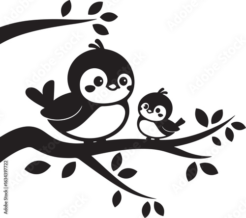 Cute Mother and Baby Birds on a Tree Branch Black Silhouette Vector Icon