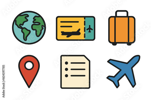 Travel icons representing planning, exploring, and adventure in various destinations around the world