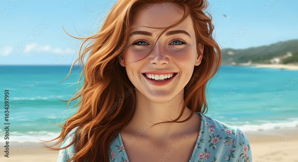 A beautiful young redhead woman with freckles smiling happily on a sunny beach with the ocean in the background A beautiful young redhead woman with freckles smiling happily on a sunny beach with the ocean in the background