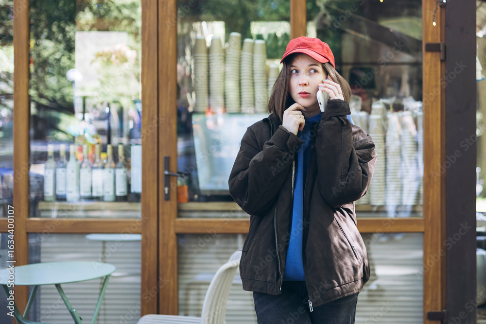 Fototapeta premium Young woman in hoodie and cap talking on smartphone outside a cafe.