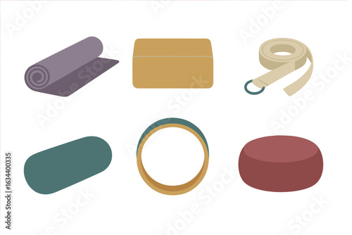 Yoga and fitness equipment for practice and training at home in different colors and shapes