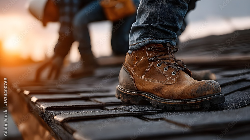 Construction worker stands on roof wearing work boots with sunset background. Construction worker stands on roof wearing work boots with sunset background.