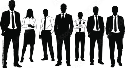 Diverse Business Team Silhouette: Professional Men and Women Standing Together Confidently in Formal Wear, Representing Collaboration, Leadership, and Success in a Corporate Environment.