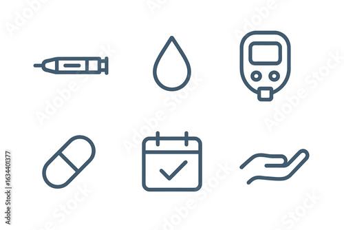 Health monitoring tools for diabetes management including a syringe, blood drop, glucose meter, pill, calendar, and hand silhouette