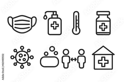 Covid-19 health protocols and preventive measures illustrated through simple icons