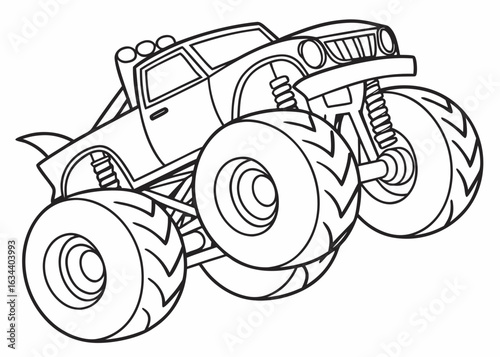 Monster truck line art, oversized tires, exaggerated suspension, cartoonish proportions, bold outlines, no background, kids' activity page