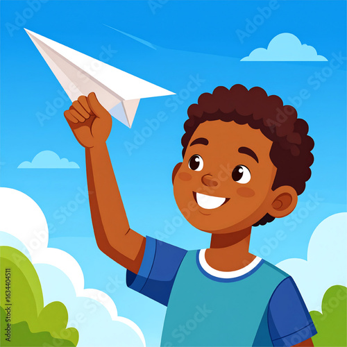 A smiling young boy is joyfully launching a paper airplane into a bright blue sky.