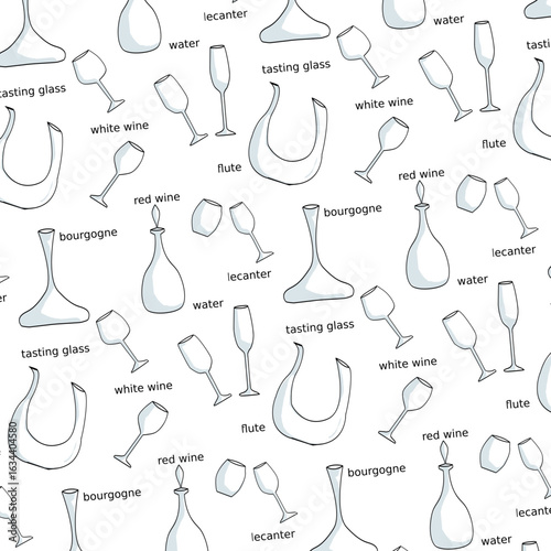 Pattern con elementi per il vino, oggetti su sfondo bianco. Decanter e bicchieri con scritte