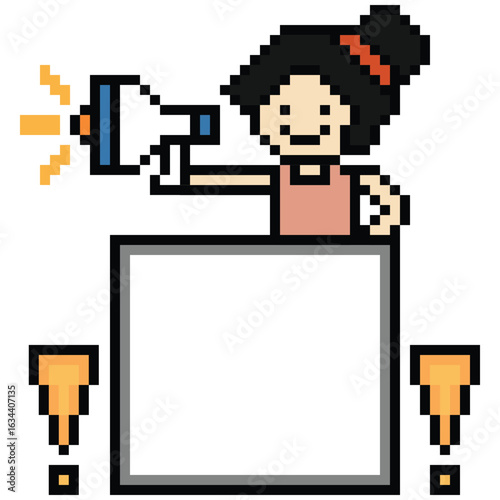 Cute pixel cartoon character woman with megaphone announcement speaker information announce decoration 8 bit female girl lady megaphone cartoon pixel game png vector.