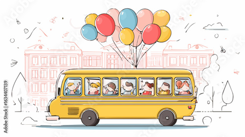 Cute Yellow School Bus Vector – Kids Waving Goodbye with Balloons and School Building


