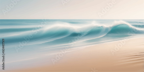 Waves gently rolling on a sandy beach under a bright blue sky with clouds at sunset