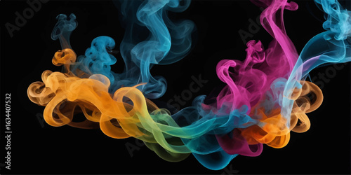Colourful smoke swirling smoothly on black background with flowing curves and soft light patterns
