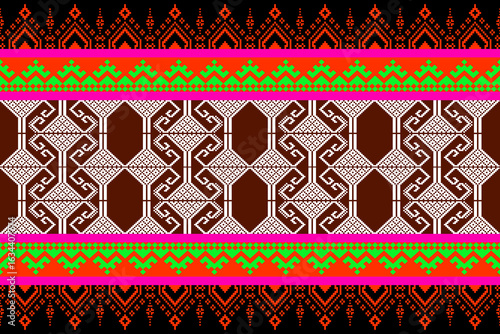 Traditional patterns in geometric pixel art have symmetrical red and white patterns with tribal sandglass patterns on a brown background.