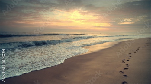 Serene Sunset Over Ocean Waves with Tracks in the Sand Along a Tranquil Beach Landscape